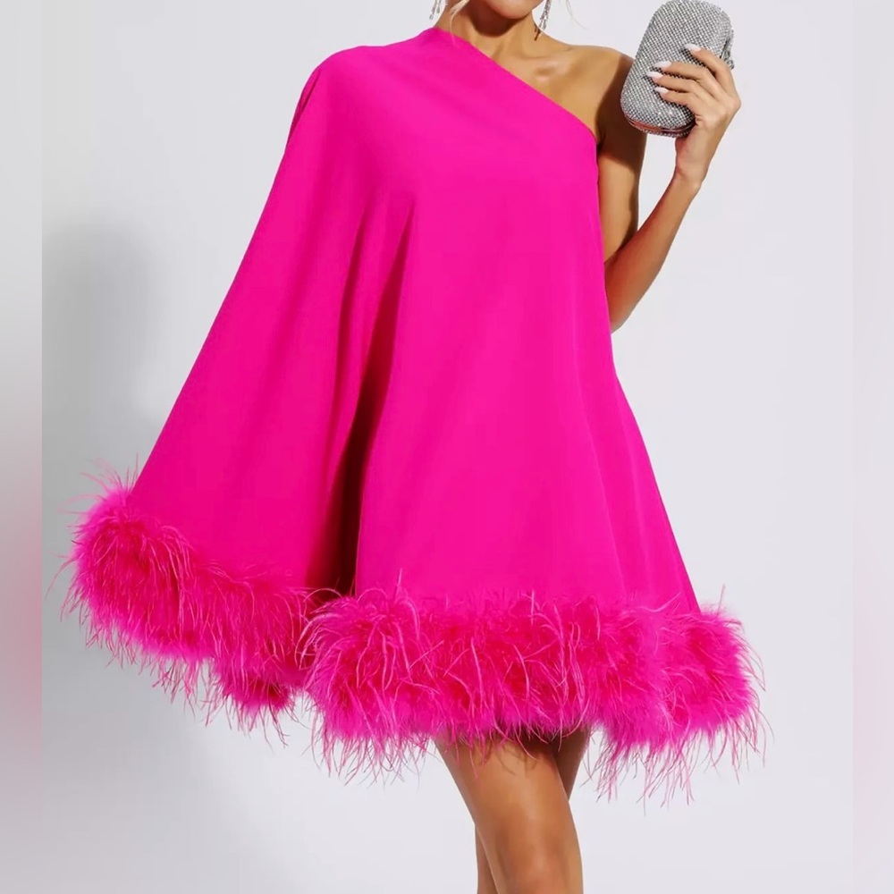 Fuchsia One Shoulder Cape Dress with Ostrich Feather Trim - NWT
